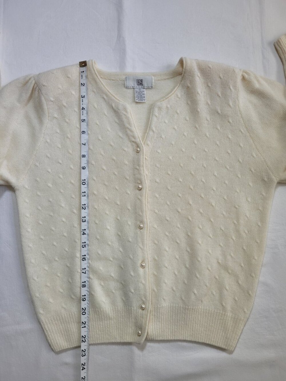 PS Illustrations Pointelle Knit Cardigan Sweater Ivory Medium Lambswool Blend - Picture 6 of 9